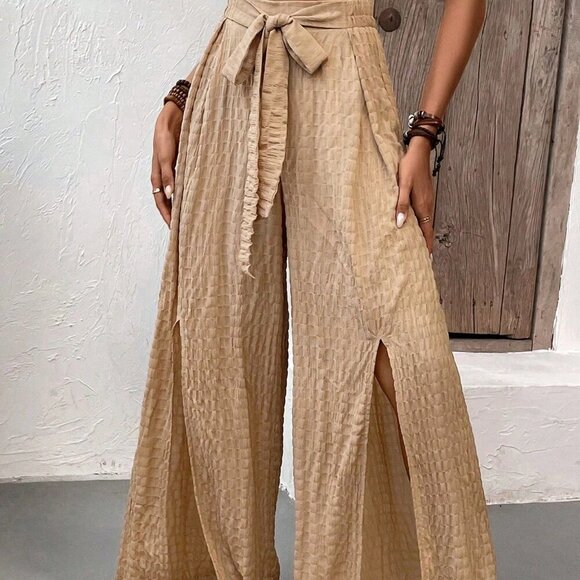 Khaki Casual Women's High Waist Wide Leg Pants With Bowknot And Side Slits - Picture 3 of 6